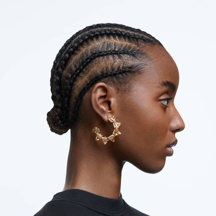 Chroma hoop earrings, Pyramid cut crystals, Yellow, Gold
